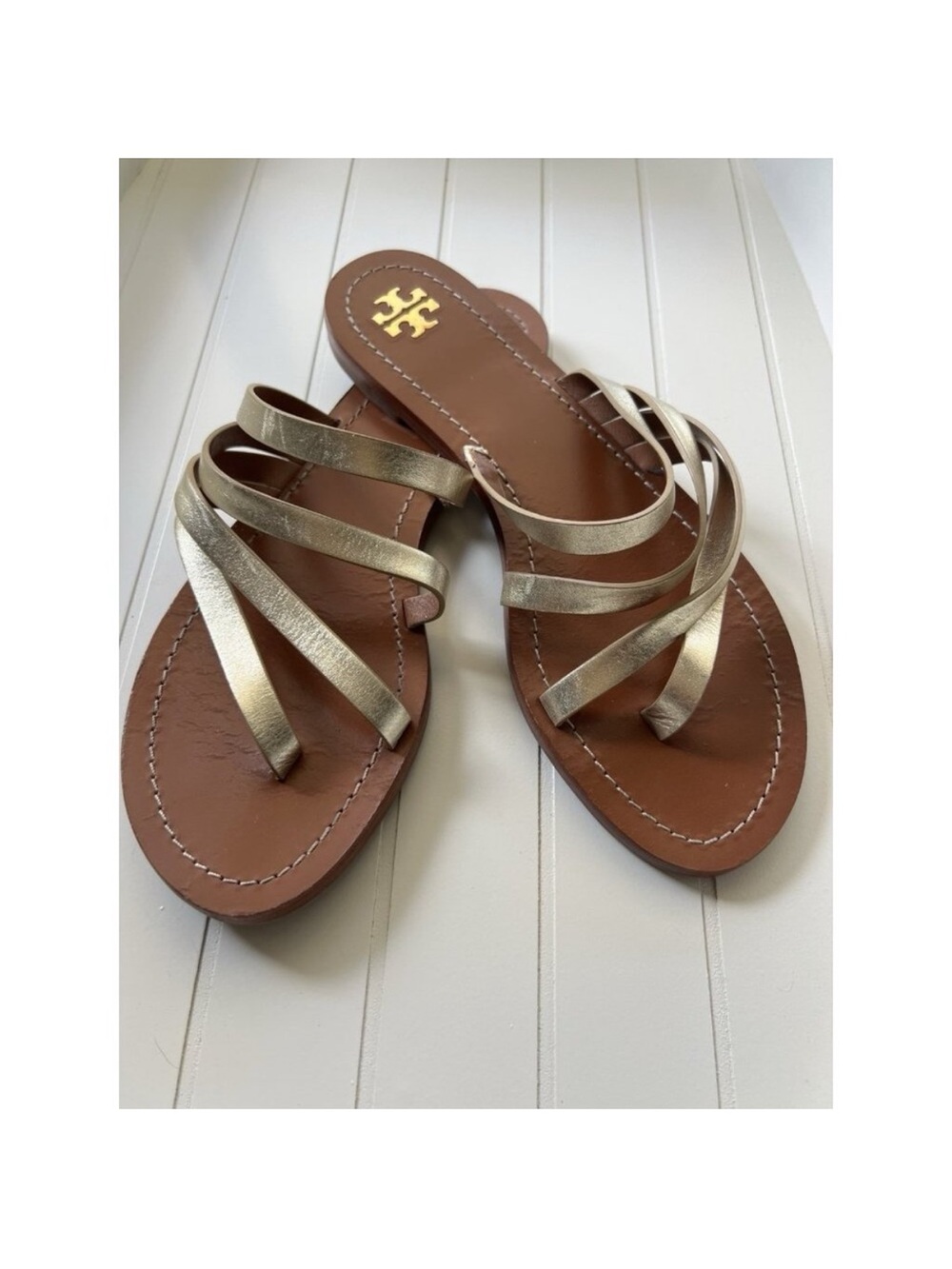 Tory Burch metallic Strappy Leather Slide Sandals